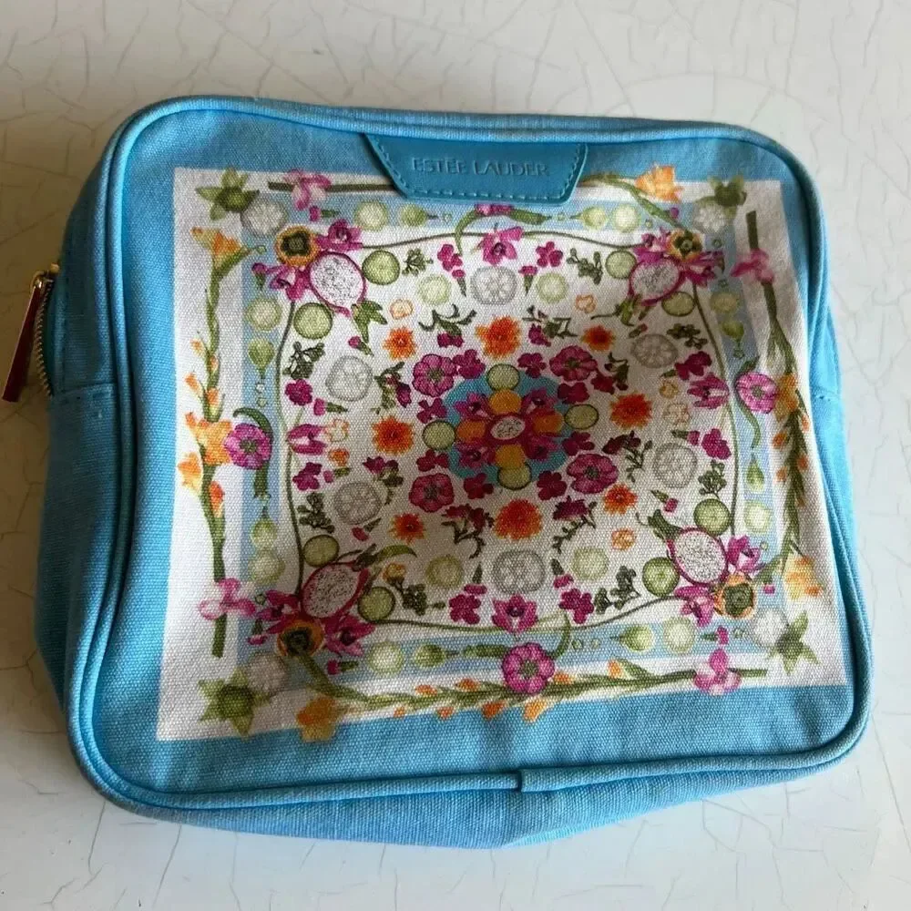 Estee Lauder X Amba Locke Light Blue Zipper Top Travel Cosmetic Makeup Bag